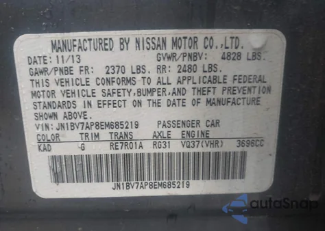 2014 Infiniti Q50 Premium from USA, damaged, VIN JN1BV7AP8EM685219